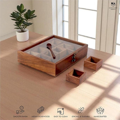 Wooden Spice Box, Masala Container, Condiments Storage Case for Kitchen, Multipurpose Decorative Box - Indian Rosewood Crafted