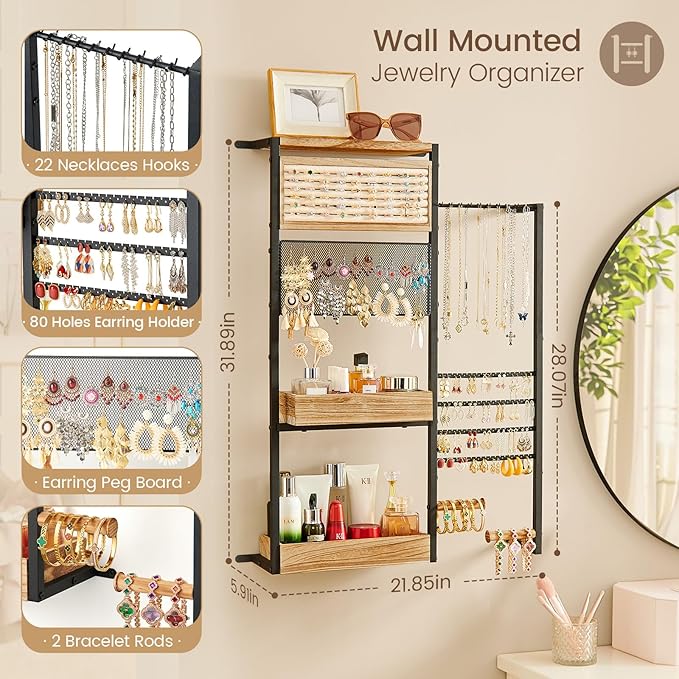 Pinzoveco Hanging Jewelry Organizer Wall Mounted, Large Hanging Jewelry Organizer Holder for Necklaces,Bracelest,Earrings,Rings,Watched,Makeup & Perfume (Black)