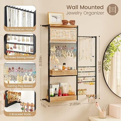 Pinzoveco Hanging Jewelry Organizer Wall Mounted, Large Hanging Jewelry Organizer Holder for Necklaces,Bracelest,Earrings,Rings,Watched,Makeup & Perfume (Black)