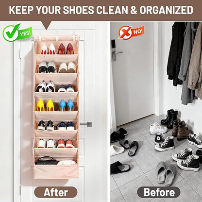 7 Tier Over The Door Shoe Organizer, Hanging Shoe Rack for Closet with Dustproof Mesh Curtain & 6 Side Pockets, Behind The Door Narrow Shoe Holder Hanger for Sneakers, Boots (Beige)