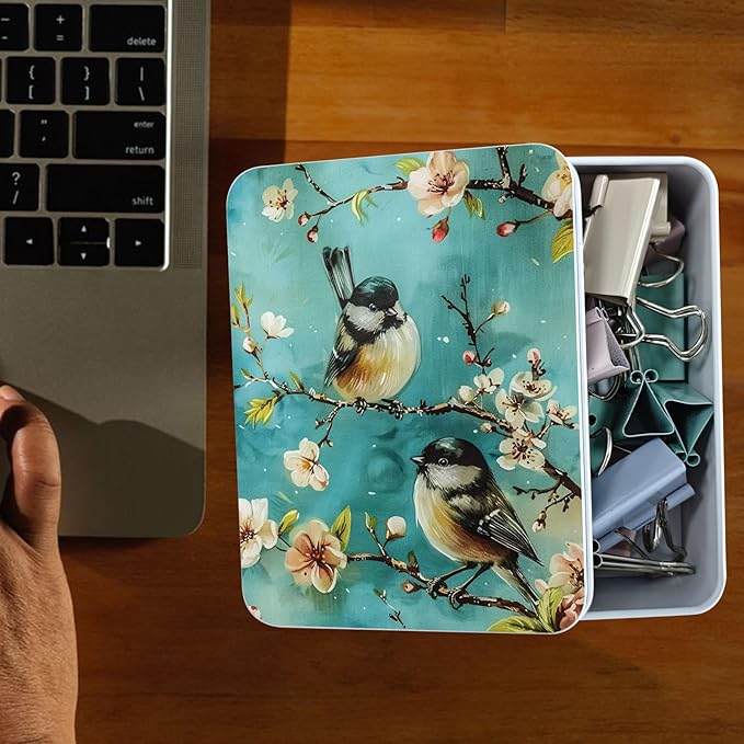 Metal Tin Box Sturdy Metal Storage Box with Lid, Birds and Flower Large Container Holder for TCG Cards, Car Keys, Cookies, Tin Containers for Gift, 5.0x3.7x1.6 Inch, Exquisite Pattern Design