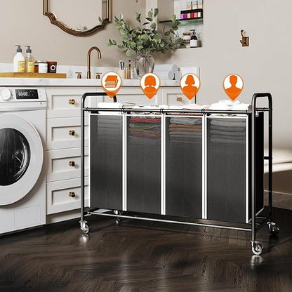 ROMOON Laundry Hamper Sorter Cart: 4-Section Organizer with Heavy-Duty Lockable Wheels and Removable Bags | 180L Rolling Laundry Basket for Dirty Clothes in Laundry Room or Small Spaces (Black)