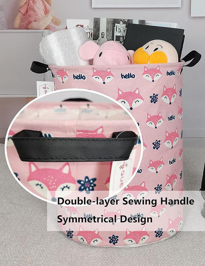 QUEENLALA Large Storage Basket,Laundry Hamper/Bathroom/Home Decor/Collapsible Round Storage Bin,Boys and Girls Hamper/Boxes/Clothing(Round-Pink Fox)