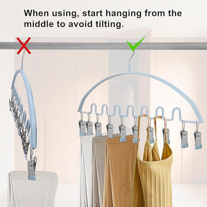 Legging Organizer for Closet,Metal Wave Design Pants Hanger with 10 Clips 7 Hooks, Closet Storage for Pants, Skirts, Hats (Blue, 2Pack)