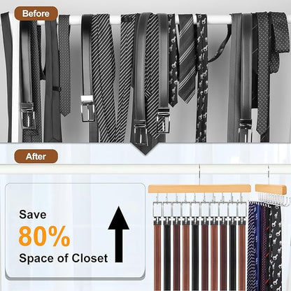TOPIA HANGER 2 Pack 2 in 1 Belt Tie Hanger for Closet Max 60 Belts with 60 Ties Capacity, 20 Hooks Belt Tie Racks Wooden Hanger for Closet Organizer Space Saving “U” Fit Belt and “一” Fit Tie - CT59N