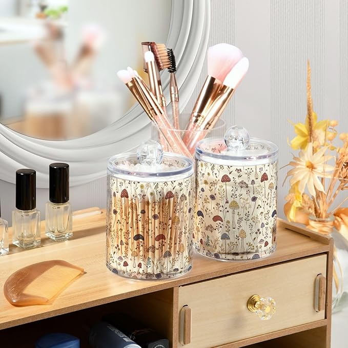 Milk Cow Qtip Holder with Lid 2PCS Apothecary Jars Storage Containers, Clear Plastic Canister for Cotton Swab,Floss Picks, Cosmetics (Mushroom and Flower, one sizex2)