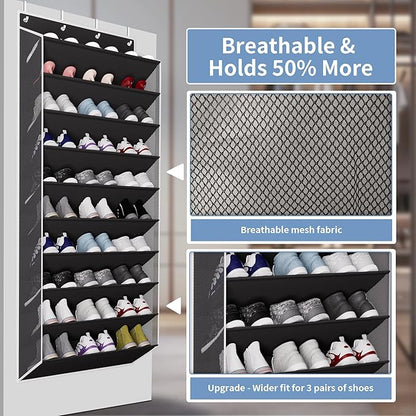 TAHAVICE 10-Tier Large Size Over The Door Shoe Organizer, Holds 30 Pairs Hanging Shoe Rack with Deep Pockets for Closet, Space-Saving Storage for Sneakers, Boots (Black)