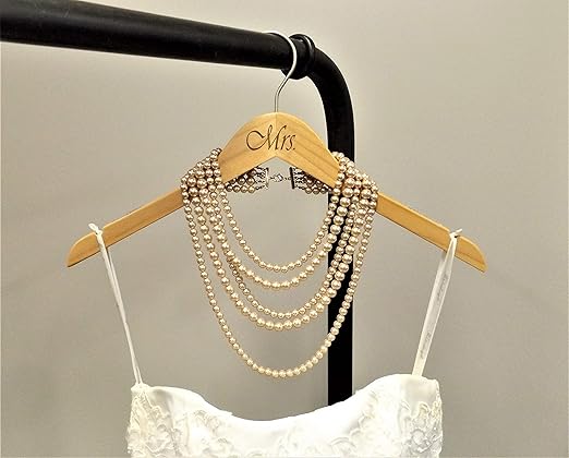 NAHANCO MRMRS20017ENG Bridal Hanger Set, Natural Wood Hangers Engraved with (Mr. and Mrs.), 17” (2 Piece Set), Natural w/Engraved Print