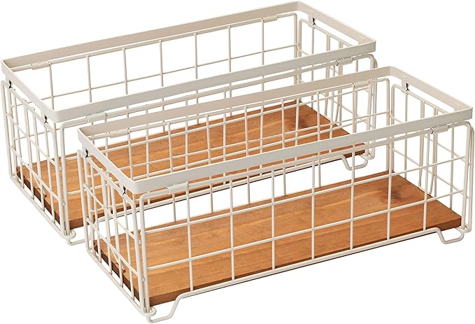Metal Wire Storage Basket, Toilet Paper Roll Holder Wood Base Countertop Decor Box Toilet Tank Shelf Cabinet Organizer for Bathroom Pantry Garage Bedroom Livingroom (Cream White (2 Pack))