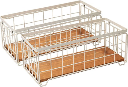 Metal Wire Storage Basket, Toilet Paper Roll Holder Wood Base Countertop Decor Box Toilet Tank Shelf Cabinet Organizer for Bathroom Pantry Garage Bedroom Livingroom (Cream White (2 Pack))