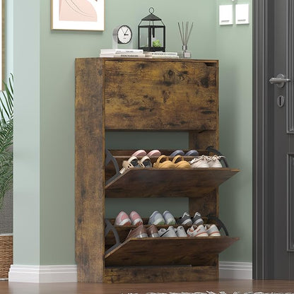 Shoe Storage Cabinet for Entryway, Brown Shoe Cabinet with 3 Flip Drawers, Hidden Shoes Rack Freestanding Storage Organizer for Entryway,Closet, Living Room,Hallway 47.24"H × 31.50"W × 9.44"D