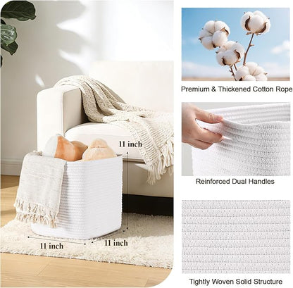 Cube Storage Bins 11 Inch Shelf Cotton Rope Baskets for Organizing, Woven Storage Basket - For Magazines, Living Room, Closet, White 1 Pack