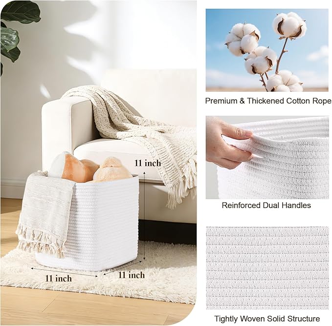 Cube Storage Bins 11 Inch Shelf Cotton Rope Baskets for Organizing, Woven Storage Basket - For Magazines, Living Room, Closet, White 3 Pack