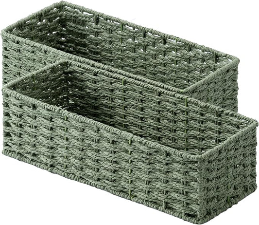 StorageWorks Sage Green Paper Rope Bathroom Basket Organizer and Storage for Tank Topper, Wicker Toilet Paper Basket for Back of Toilet Baskets, Small Narrow Tank Trays for Bathroom Decor, 2 Pack