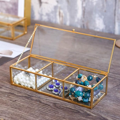 Vintage Golden Glass Lidded Box Clear Glass & Brass Metal Storage Jewelry and Cosmetic Makeup Organizer with Lid Beauty Display, Rectangle with 3 Compartment
