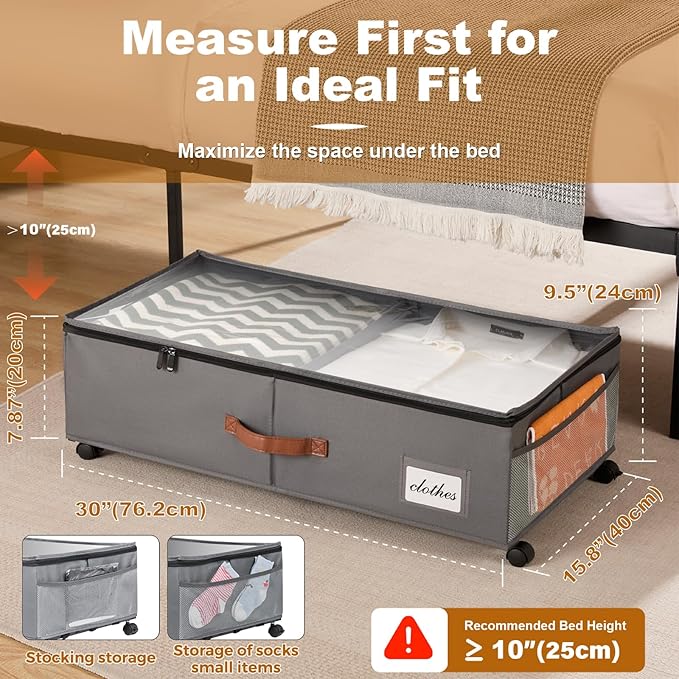 Under Bed Storage Containers with Wheels 9.5 inches Higher Under Bed Storage XXXL Underbed Shoes Blankets Clothes Storage Organizer 2 Pack Under the Bed Storage for College Dorms Bedroom Nursery Rooms