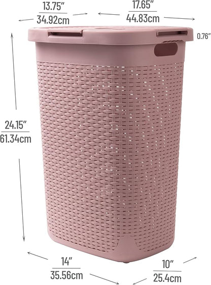 Mind Reader Slim Laundry Hamper with Lid, 60L Tall Clothes Basket, Narrow Tapered Design for Bathrooms, Closets and Laundry Rooms, Plastic, Pink