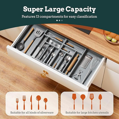 Silverware Organizer Large, Magnetic Connected Expandable 13 Slots Silverware Drawer Organizer from 21 to 37.4 Inches, Adjustable Flatware and Cutlery Holder, Bamboo Utensil Tray for Kitchen Gray