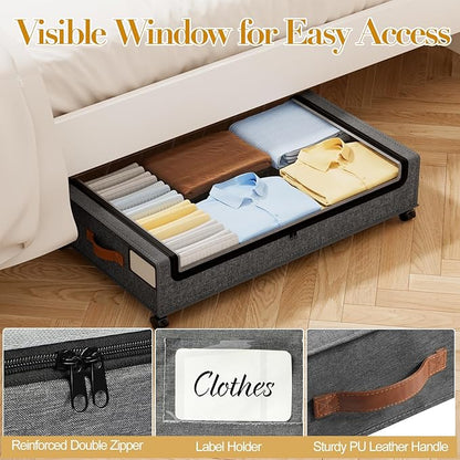 Yecaye Under Bed Storage with Wheels, 2 Pack Under the Bed Storage Containers with Lids & Label, XXL 60 L Rolling Underbed Storage Drawers for Clothes, Blankets, Shoes, Hemp Gray