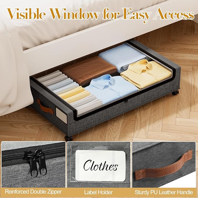 Yecaye Under Bed Storage with Wheels, 4 Pack Under the Bed Storage Containers with Lids & Label, XXL 60 L Rolling Underbed Storage Drawers for Clothes, Blankets, Shoes, Hemp Gray