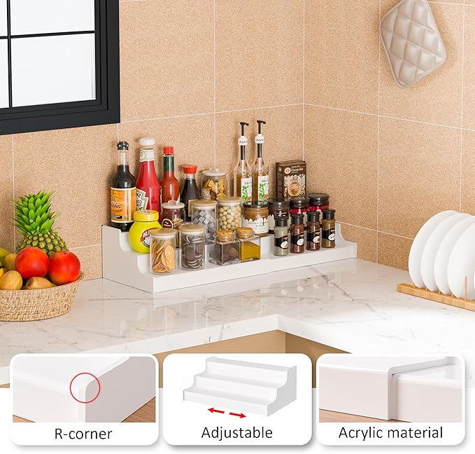 Sezanrpt Expandable Spice Rack Cabinet Organizer 3 Tier, White Kitchen Counter Display Shelf, Seasoning Organizer for Cabinet, Moisture Resistant