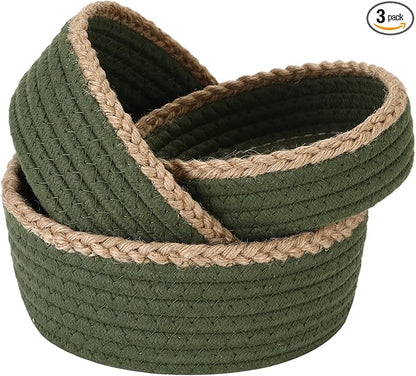 Sea Team 3-Pack Small Cotton Rope Storage Basket Set - Portable Round Organizers with Jute Braid for Small Items, Keys, Makeup & Trinkets