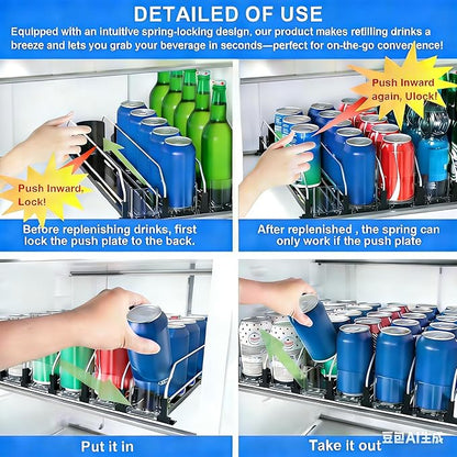 6 Rows Black Drink Organizer for Fridge, 3rd Gen Refrigerator Organizers and Storage, Automatic Pusher Glide and Adjustable Width Can Organizer for Refrigerator - Holds up to 30 Cans