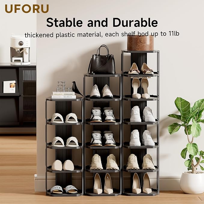 UFORU Vertical Shoe Rack, 9-Tier Plastic Stackable Storage Shelf for Small Closets and Narrow Spaces, Compact Free Standing Shoe Racks for Entryway Bedroom Dormitory