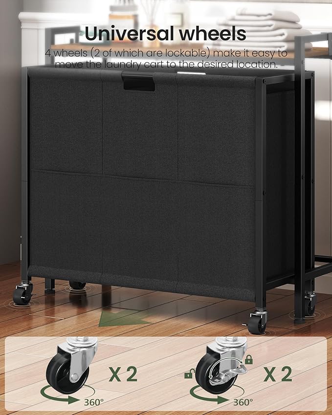 CHOEZON Laundry Sorter, Laundry Hamper with Storage Shelf, Mobile 2-in-1 Basket Organizer, 120 L Rolling Hamper, Large Bags and Movable Wheels, Metal Frame, Rustic Brown and Black TXY01BF