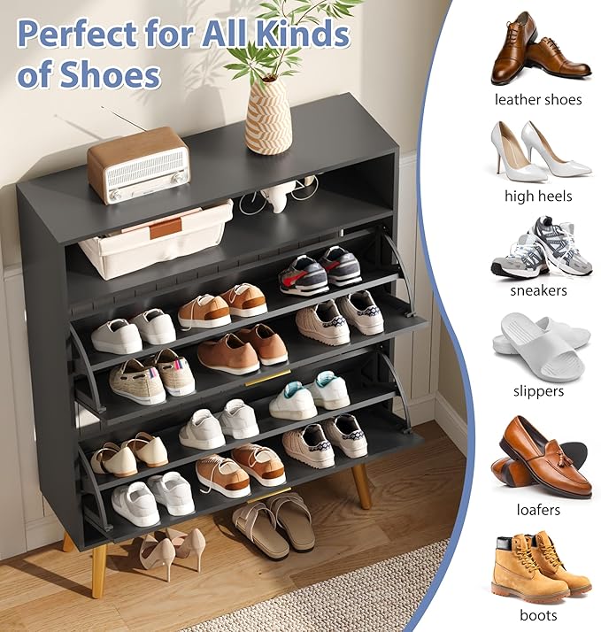 Shoe Cabinet Storage for Entryway, White Shoe Organizer with 2 Flip Drawers & Open Shelf, Freestanding Hidden Large Shoe Storage Cabinet (1pc-Black, 2 Flip Drawers with Shelf)