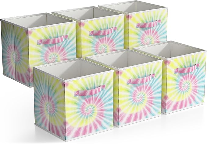 Sorbus 11 Inch Fabric Storage Cubes - Sturdy Collapsible Storage Bins & Handle - 6 Foldable Baskets for Organizing Clothes - Multi Colored Storage Baskets for Shelves (Light Tie-dye, 11 Inch)