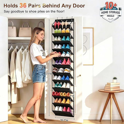 MISSLO 36 Pairs Clear Over the Door Shoe Organizer Closet Hanging Shoe Rack for Door with Large Deep Pockets Shoes Hanger Holder for Sneakers, Boots, Heels Storage (Black)