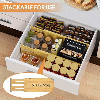 Bamboo Drawer Dividers Organizers, Kitchen Drawer Organizer, Adjustable Drawer Divider for Clothes, Kitchen, Dresser, Bedroom, Bathroom and Office, 4-Pack (Natural, 12-17 IN)