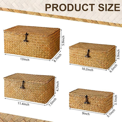 Woanger Set of 4 Wicker Baskets with Lids, Nautral Seagrass Storage Baskets, Woven Rectangular Basket Bins, Rattan Storage Organizer for Shelf Closet Bedroom(Orange)