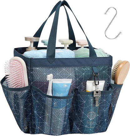 F-color Mesh Shower Caddy Portable, Upgrade Deeper 7 Pockets Shower Bag Basket Tote for College Dorm Room Toiletry Bathroom Essentials Gym Camp Quick Dry 2 handles with S Hook, Starlight Navy