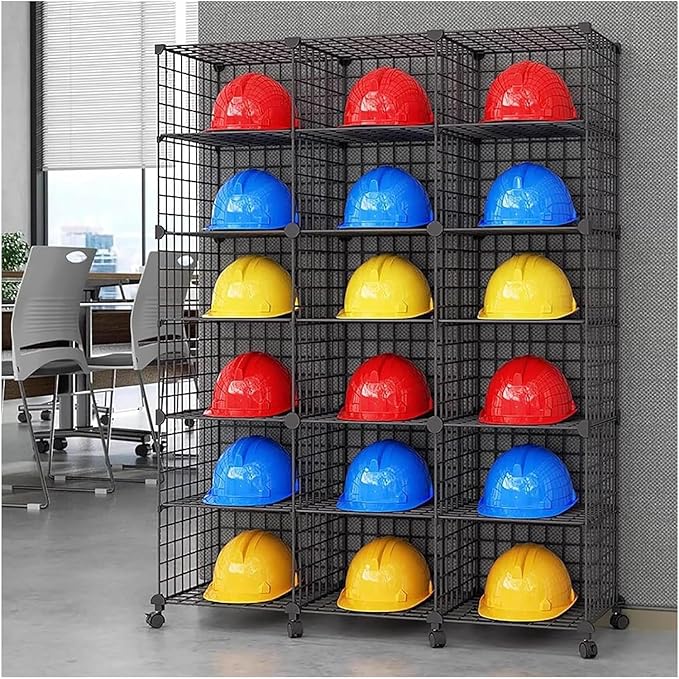 Stackable Safety Helmet Storage Boxes, Large Adjustable Hard Hat Placement Organizer Rack with Wheels for Construction Site/Garage/Workshop/Factory Helmet Display Shelf (3 * 6)