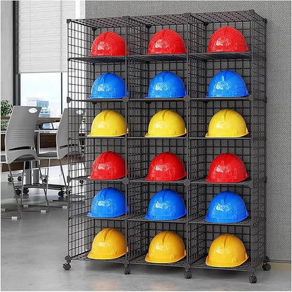 Stackable Safety Helmet Storage Boxes, Large Adjustable Hard Hat Placement Organizer Rack with Wheels for Construction Site/Garage/Workshop/Factory Helmet Display Shelf (3 * 6)