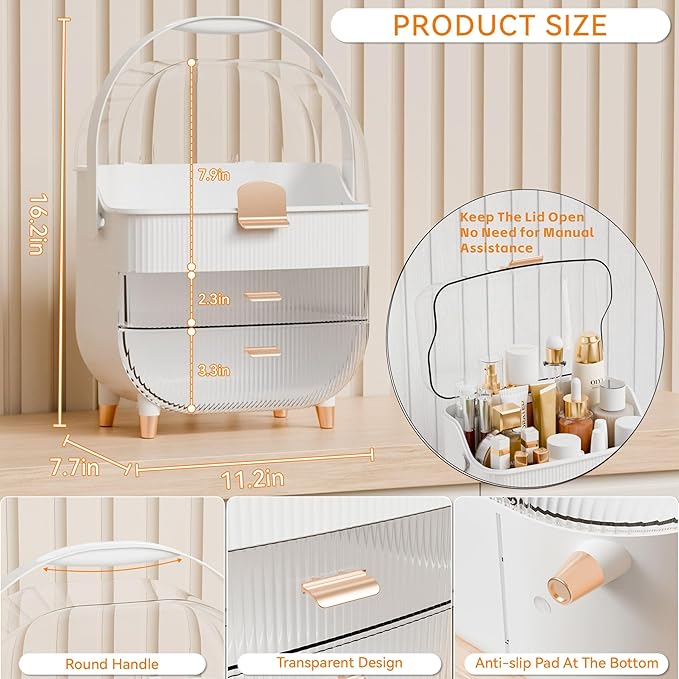Yieach Countertop Makeup Organizer With Lid,Large Skincare Organizers With 2 Drawers,Dustproof Cosmetic Display Cases for Bathroom,Dresser,Lotion,Beauty,Skin Care Holder,Makeup Storage Organizer,White