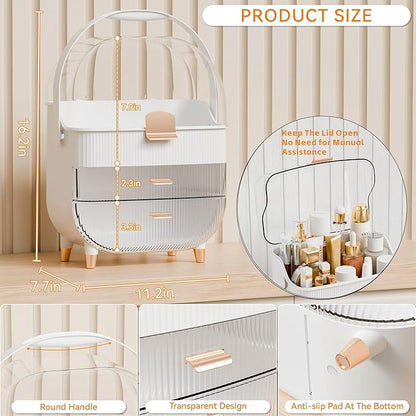Yieach Countertop Makeup Organizer With Lid,Large Skincare Organizers With 2 Drawers,Dustproof Cosmetic Display Cases for Bathroom,Dresser,Lotion,Beauty,Skin Care Holder,Makeup Storage Organizer,White