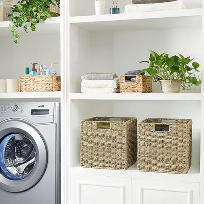 Vagusicc Wicker Storage Basket, Set of 2 Seagrass Storage Baskets, 13 Inch Foldable Wicker Basket Square Cube Storage Bins Storage Baskets for Organizing Shelf Baskets, 13''x13''x13''