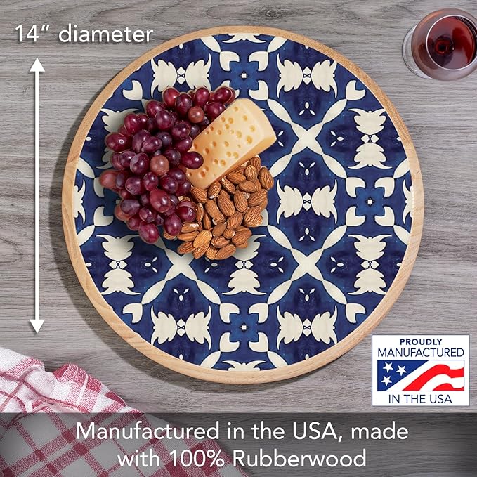 CounterArt Decorative Round Natural Wood Lazy Susan Turntable 14" Diameter Condiment Caddy, Cheese Server, Cake Plate, Spice Organization (Blue & White)