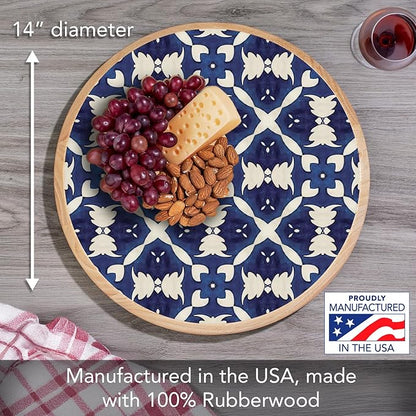 CounterArt Decorative Round Natural Wood Lazy Susan Turntable 14" Diameter Condiment Caddy, Cheese Server, Cake Plate, Spice Organization (Blue & White)