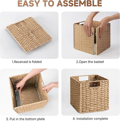 StorageWorks 11 inch Wicker Baskets, Handwoven Storage Cubes with Handles, Foldable Paper Rope Basket for Organizing, Natural, 2 Pack