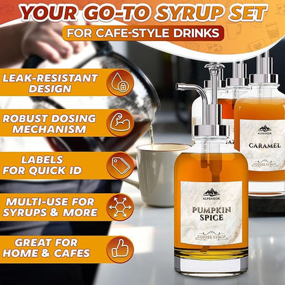 Set of 4 Glass Syrup Bottle with Pump 16.9oz 500 ml – Thick Glass Syrup Dispenser with 18 Marked Labels, Leak-Proof, Easy Cleaning – Coffee Bar Essentials for Home | Event Ready (Silver Pumps)