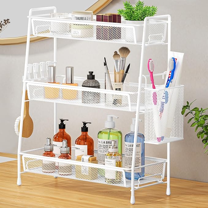 VITVITI 3-Tier Bathroom Organizer Countertop, Metal Wire Mesh Bathroom Counter Organizer Storage with Basket Hooks, Vanity Tray Shelf, Kitchen Spice Rack (White)