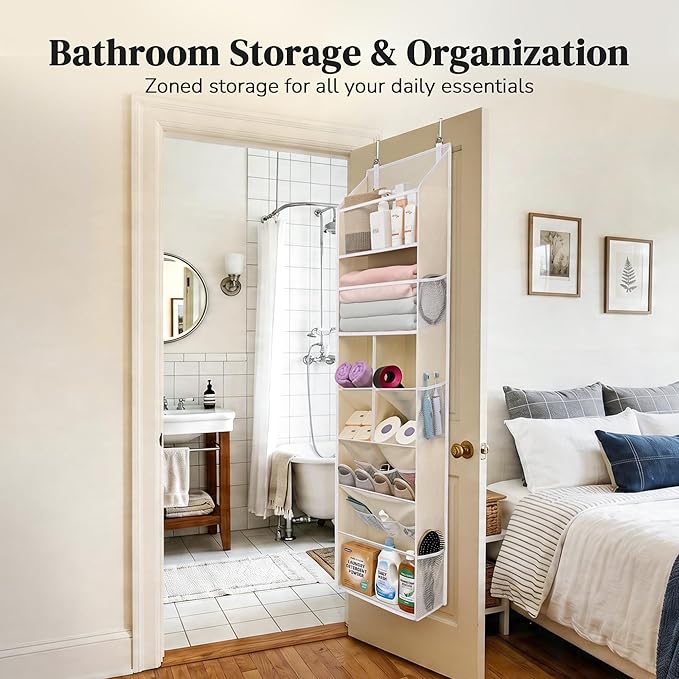 6-in-1 Over Door Hanging Organizer, Versatile Storage Over Door Organizer with 12 Mesh Pockets, 44 lbs Weight Capacity Hanging Storage Organizer for Bedroom, Bathroom,Behind Door,Beige