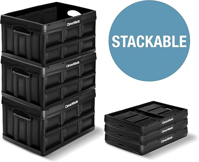 CleverMade Collapsible Storage Bins - Black 3 Pack 32L - Stackable Containers Heavy Duty Capacity Folding Crates - Space-Saving for Home