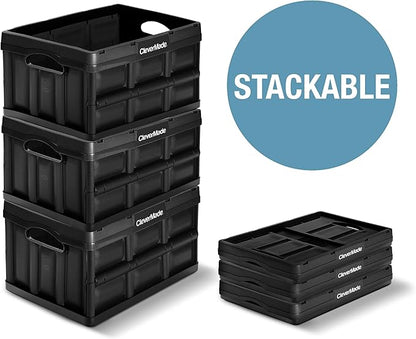 CleverMade Collapsible Storage Bins - Black 3 Pack 32L - Stackable Containers Heavy Duty Capacity Folding Crates - Space-Saving for Home