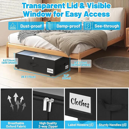 Under Bed Storage with Wheels, 2-Pack 10" Height XXL 75L Rolling Storage Bins, Quick Assembly Underbed Shoe Storage Containers with Clear Lid & Label, Dorm Under Bed Drawers for Clothes, Shoes, Black