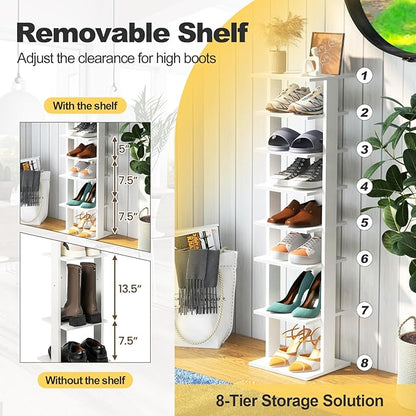 BETTARY 8 Tier Vertical Shoe Rack, Narrow Wooden Corner Shoe Organizer for Small Spaces, Removable Shelves, Anti-toppling Device, Shoe Tower for Entryway, Closet, Bedroom (White, Single Row)